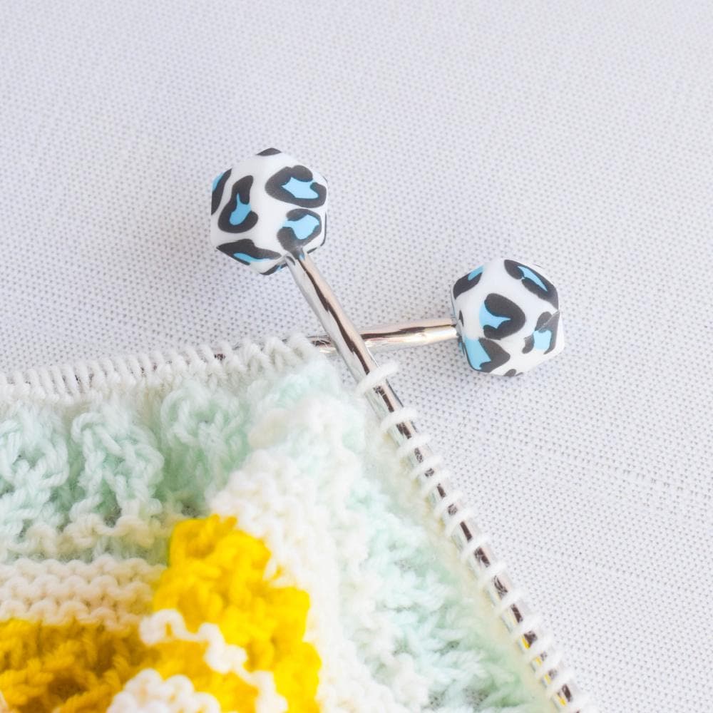 Blue Leopard Spot Hexagon Silicone Stitch Stoppers - Set of 2 - Knitting Needle Point Protectors, Stitch Holders, Needle Stoppers