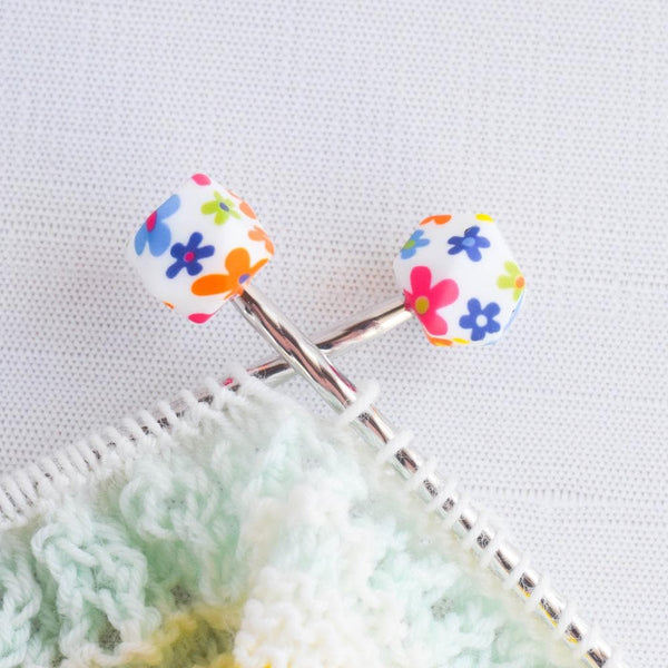 Bright Floral Hexagon Silicone Stitch Stoppers - Set of 2 - Knitting Needle Point Protectors, Stitch Holders, Needle Stoppers