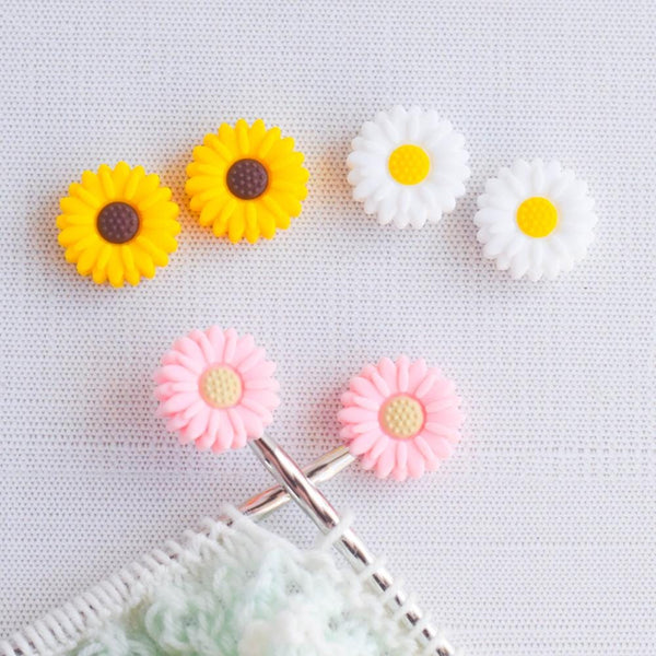 Daisy Flower Silicone Stitch Stoppers - Set of 2 - Knitting Needle Point Protectors, Stitch Holders, Needle Stoppers