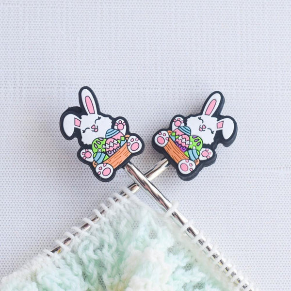 Easter Bunny Egg Basket Silicone Stitch Stoppers - Set of 2 - Knitting Needle Point Protectors, Stitch Holders, Needle Stoppers