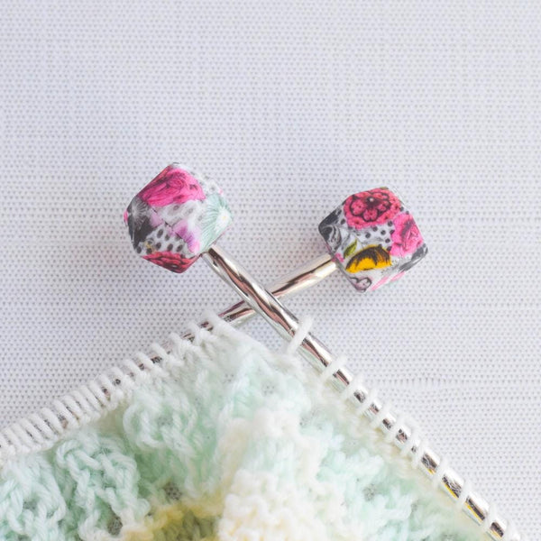 Modern Floral Polygon Silicone Stitch Stoppers - Set of 2 - Knitting Needle Point Protectors, Stitch Holders, Needle Stoppers
