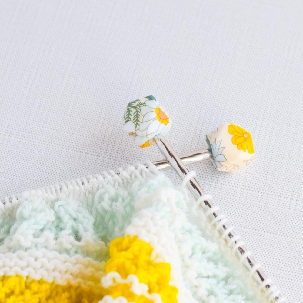 Boho Floral Polygon Silicone Stitch Stoppers - Set of 2 - Knitting Needle Point Protectors, Stitch Holders, Needle Stoppers