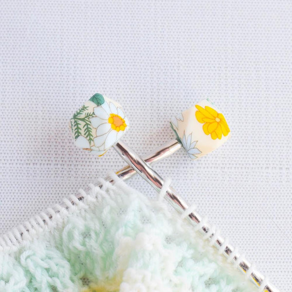 Boho Floral Polygon Silicone Stitch Stoppers - Set of 2 - Knitting Needle Point Protectors, Stitch Holders, Needle Stoppers