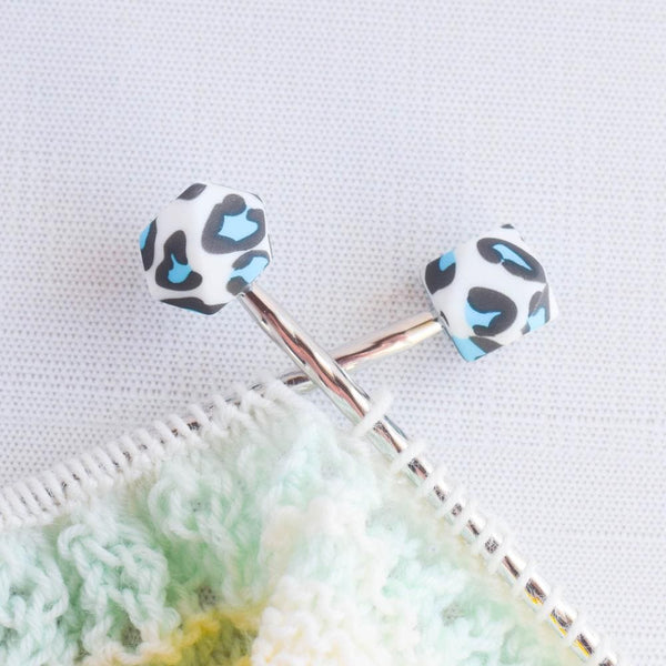Blue Leopard Spot Hexagon Silicone Stitch Stoppers - Set of 2 - Knitting Needle Point Protectors, Stitch Holders, Needle Stoppers