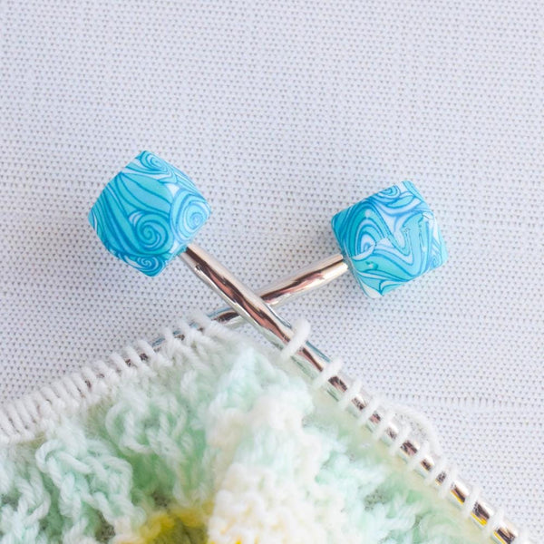 Blue Swirls Hexagon Silicone Stitch Stoppers - Set of 2 - Knitting Needle Point Protectors, Stitch Holders, Needle Stoppers