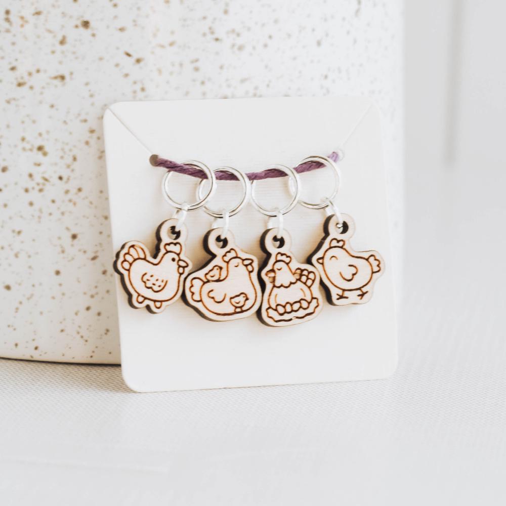 Set of 4 Stitch Markers - Chickens - Laser Engraved Wood Stitch Markers, Chicken Stitch Markers, Hen, Chick