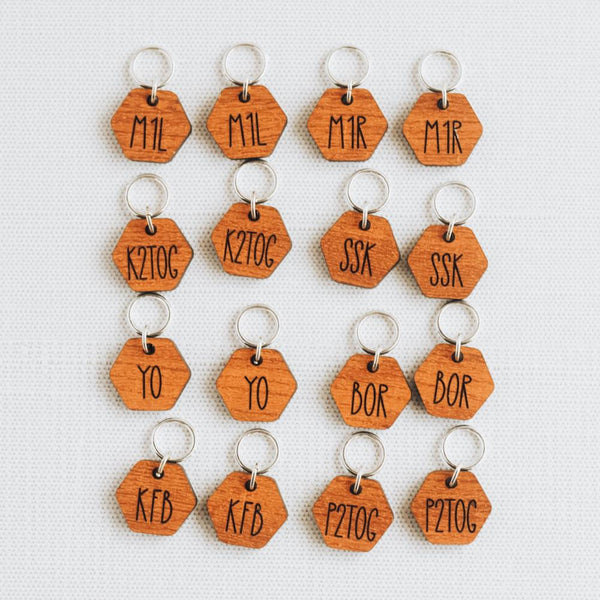 Set of 16 Knitting Abbreviation Stitch Markers, Knitting Instruction Markers, SSK, K2TOG, M1L, M1R, BOR, YO, Knit Helper Markers - Cherry