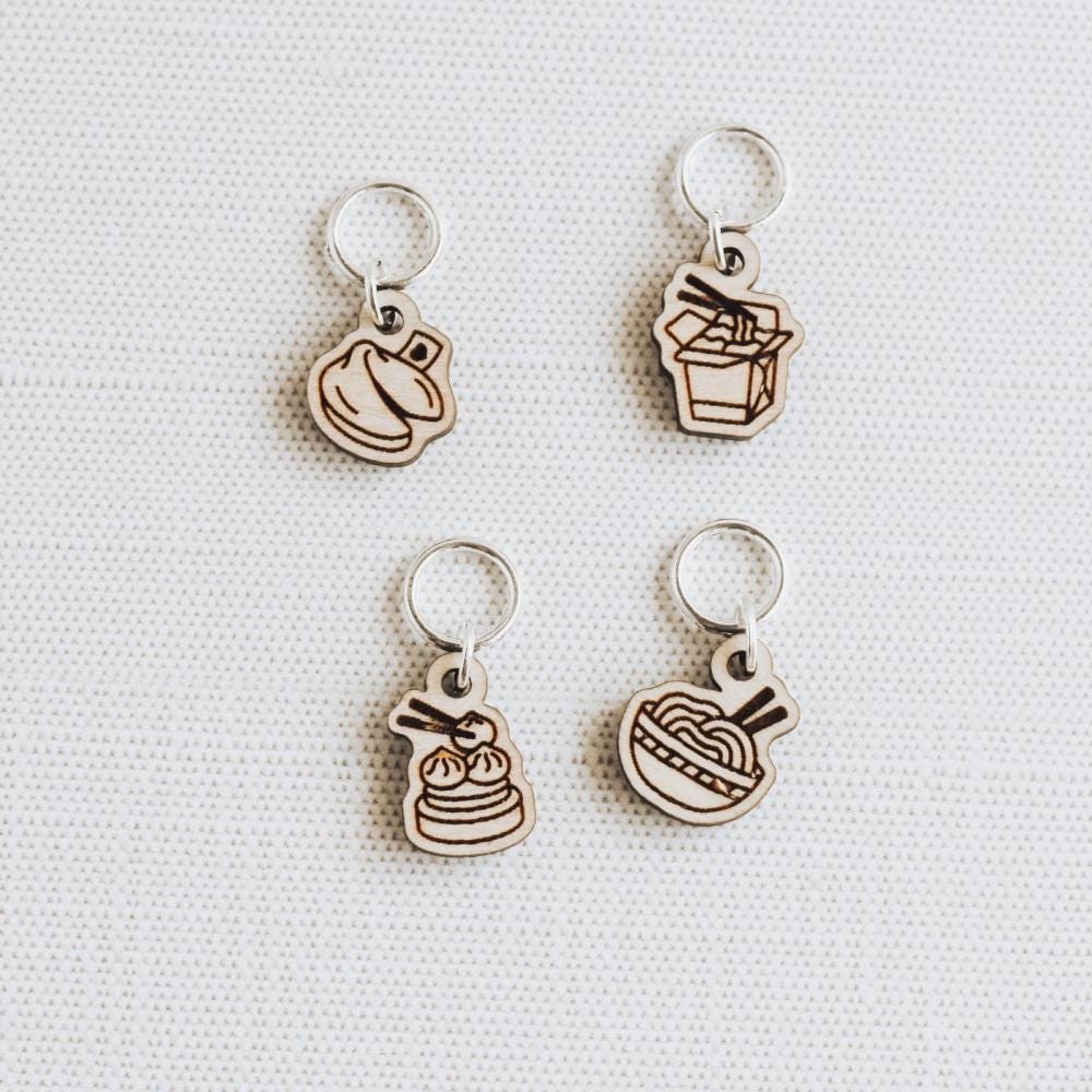Set of 4 Stitch Markers - Chinese Takeout - Laser Engraved Wood Stitch Markers, Dumplings, Fortune Cookie