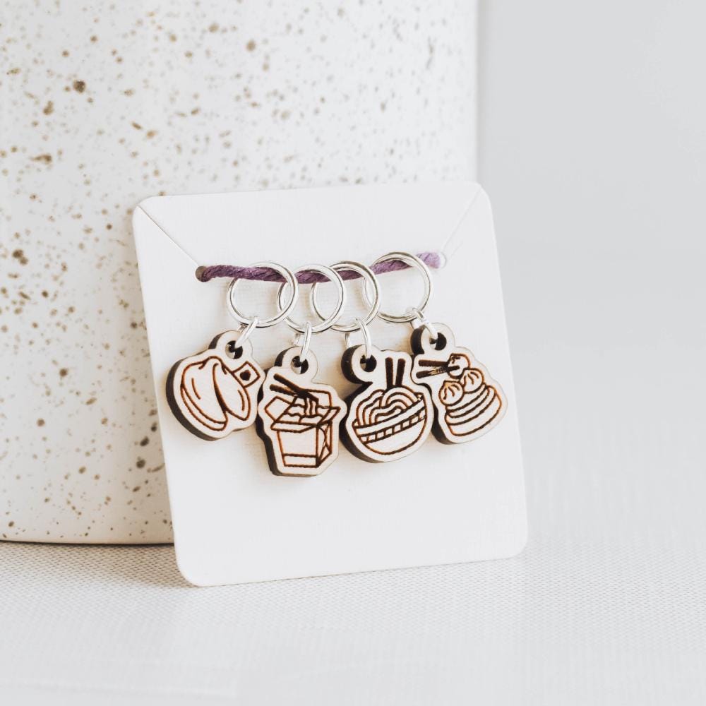 Set of 4 Stitch Markers - Chinese Takeout - Laser Engraved Wood Stitch Markers, Dumplings, Fortune Cookie