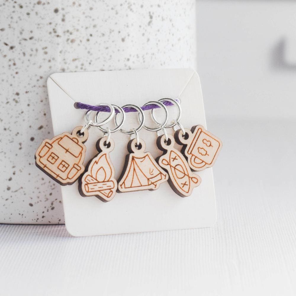 Set of 5 Camping Stitch Markers, Kayak Markers, Laser Engraved Wood Stitch Markers, Hiking Outdoors Stitch Markers