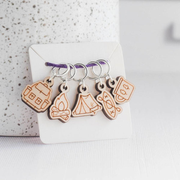 Set of 5 Camping Stitch Markers, Kayak Markers, Laser Engraved Wood Stitch Markers, Hiking Outdoors Stitch Markers