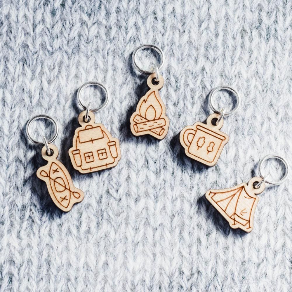 Set of 5 Camping Stitch Markers, Kayak Markers, Laser Engraved Wood Stitch Markers, Hiking Outdoors Stitch Markers