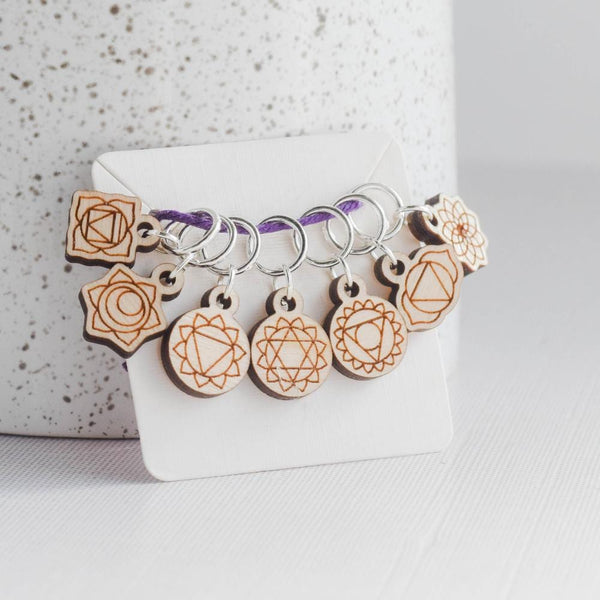 Set of 7 Chakras Stitch Markers including root, sacral, solar plexus, heart, throat, third eye and crown chakra - Laser Engraved Birch Wood