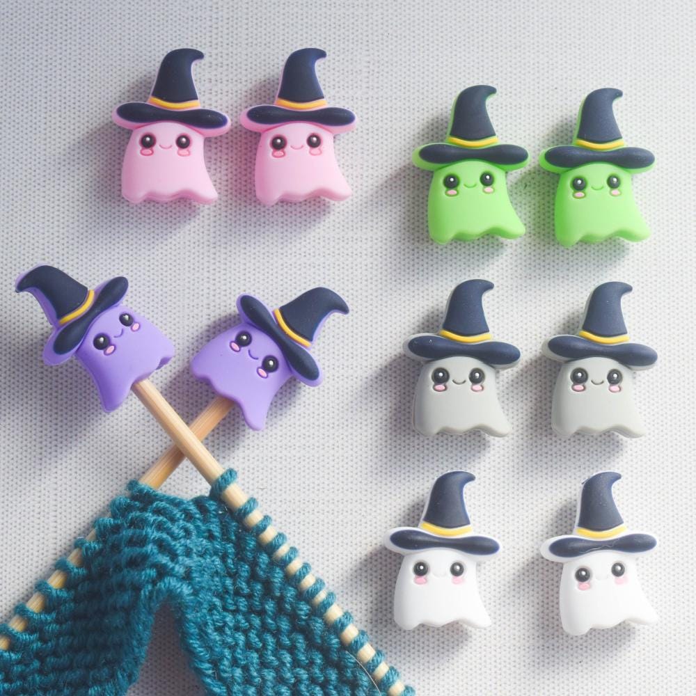 Witch Ghost Silicone Stitch Stoppers - Set of 2 - Knitting Needle Point Protectors, Stitch Holders, Needle Stoppers