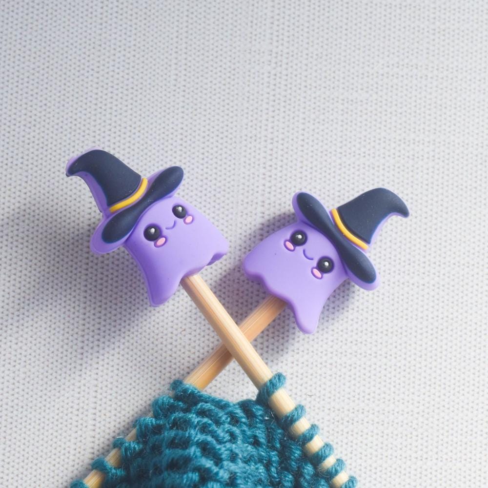 Witch Ghost Silicone Stitch Stoppers - Set of 2 - Knitting Needle Point Protectors, Stitch Holders, Needle Stoppers