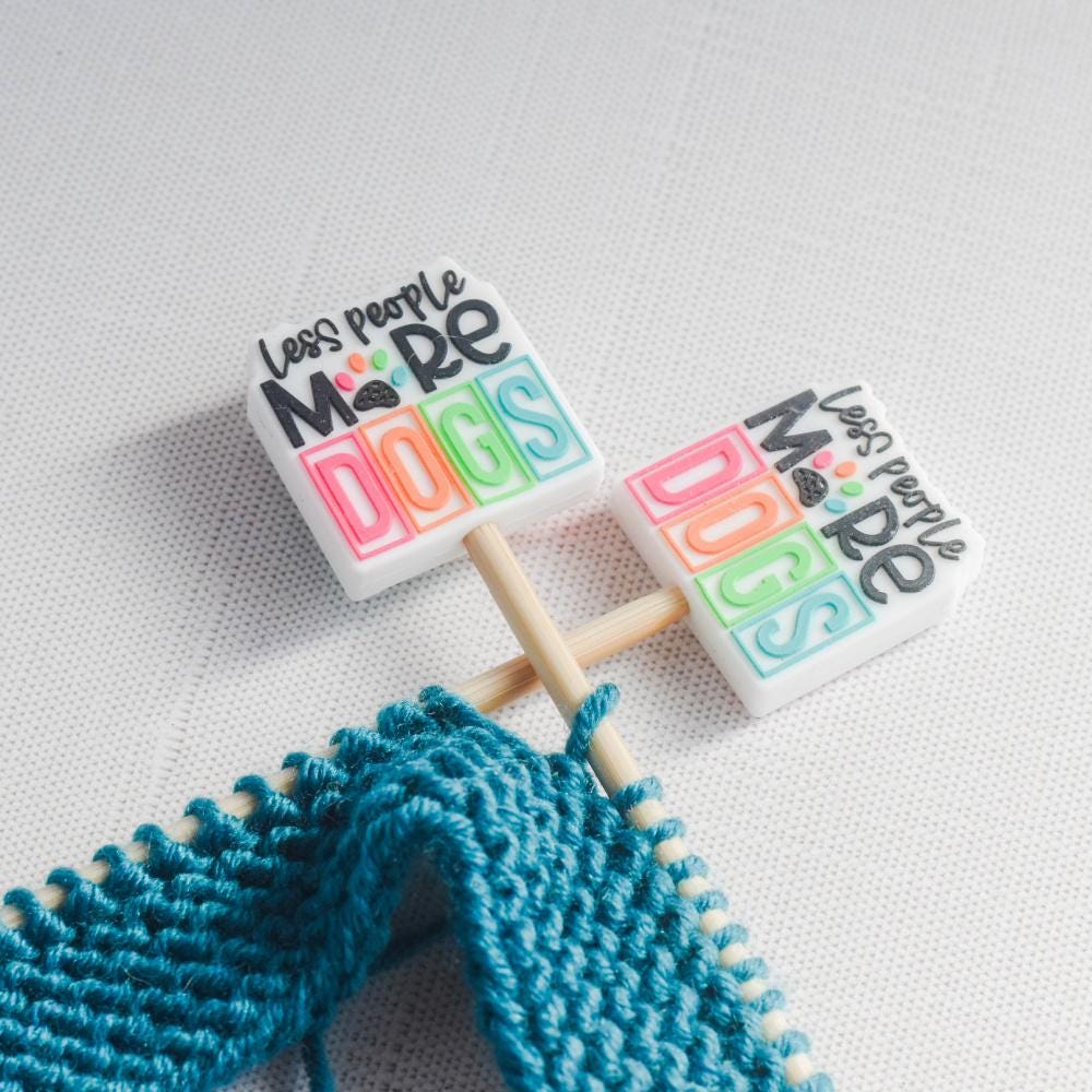 Less People More Dogs Silicone Stitch Stoppers - Set of 2 - Knitting Needle Point Protectors, Stitch Holders, Needle Stoppers