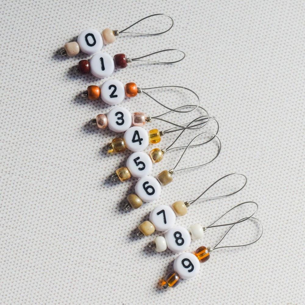 Set of 10 Stitch Markers - 0-9 Gold, Brown, and Cream - Cast On Counting Numbers, Row Counter Stitch Markers, Snag Free Stitch Markers