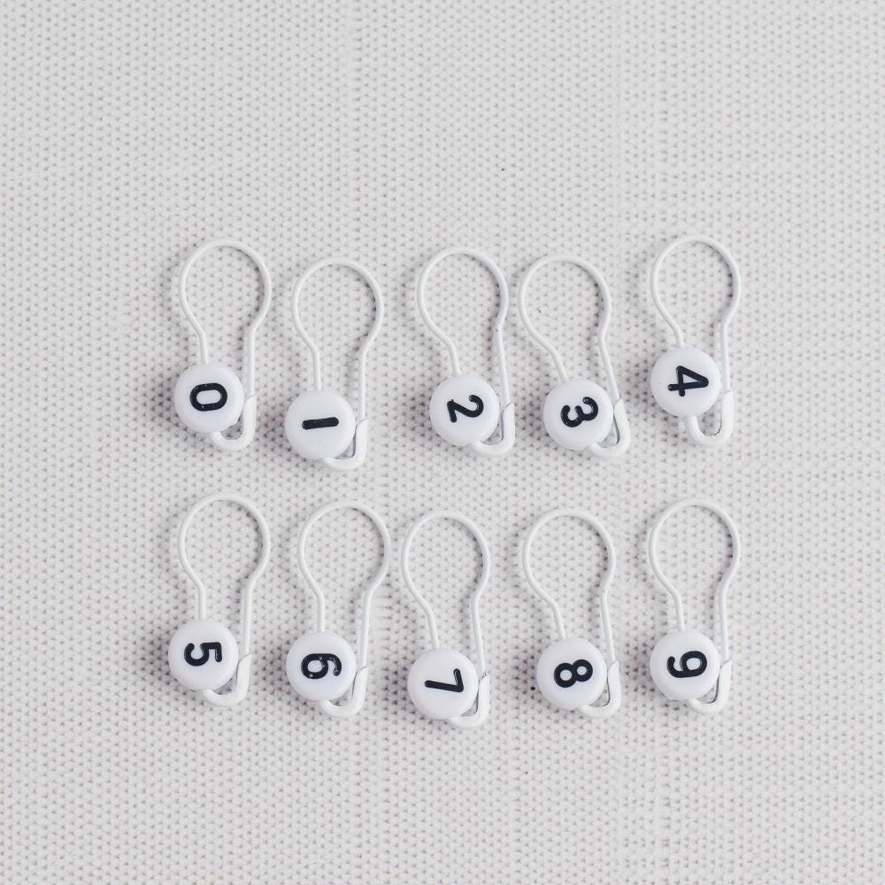 Set of 10 Number Stitch Markers - 0-9 White - Cast On Counting Numbers, Row Counter Markers, Bulb Pin Stitch Markers, Progress Keepers