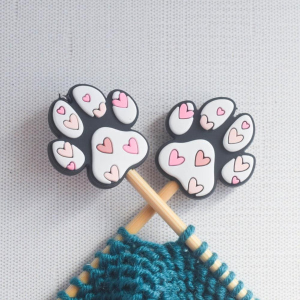 Dog Paw Heart Silicone Stitch Stoppers - Set of 2 - Knitting Needle Point Protectors, Stitch Holders, Needle Stoppers