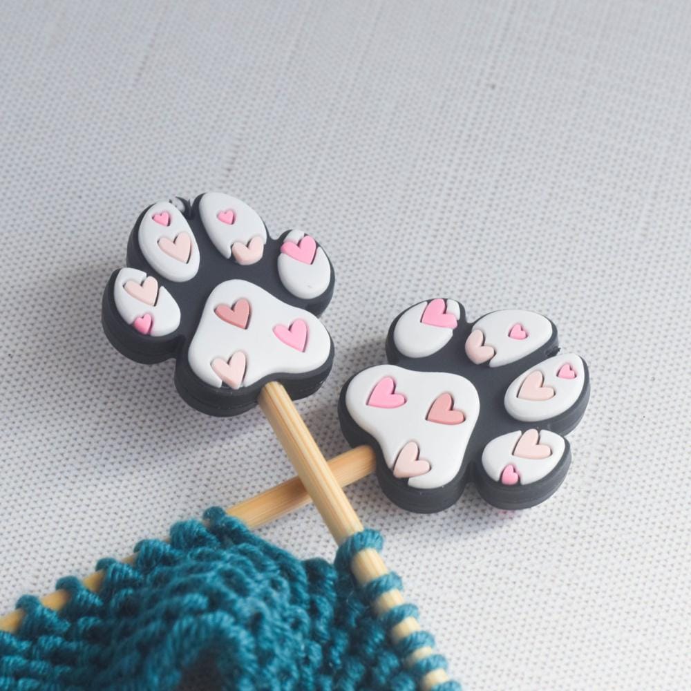 Dog Paw Heart Silicone Stitch Stoppers - Set of 2 - Knitting Needle Point Protectors, Stitch Holders, Needle Stoppers