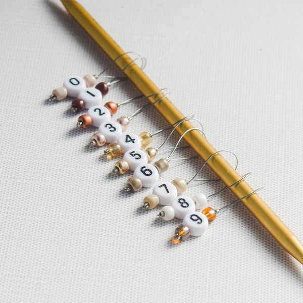 Set of 10 Stitch Markers - 0-9 Gold, Brown, and Cream - Cast On Counting Numbers, Row Counter Stitch Markers, Snag Free Stitch Markers