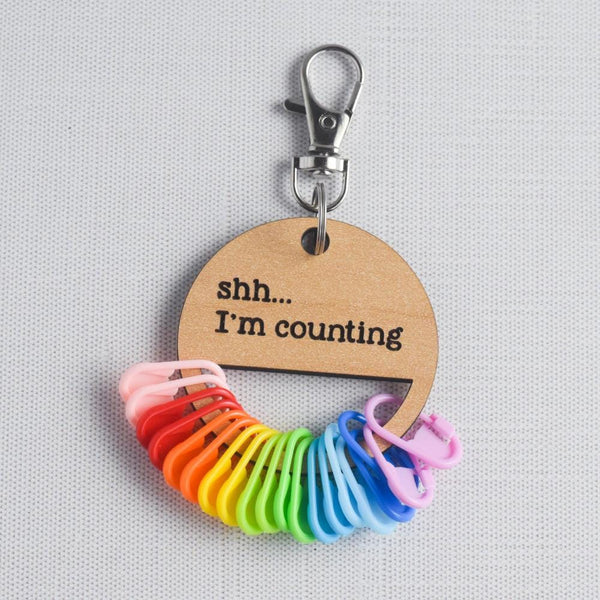 Set of 20 Locking Stitch Markers plus Holder, Stitch Marker Holder with Keychain, Stitch Marker organizer - I'm Counting