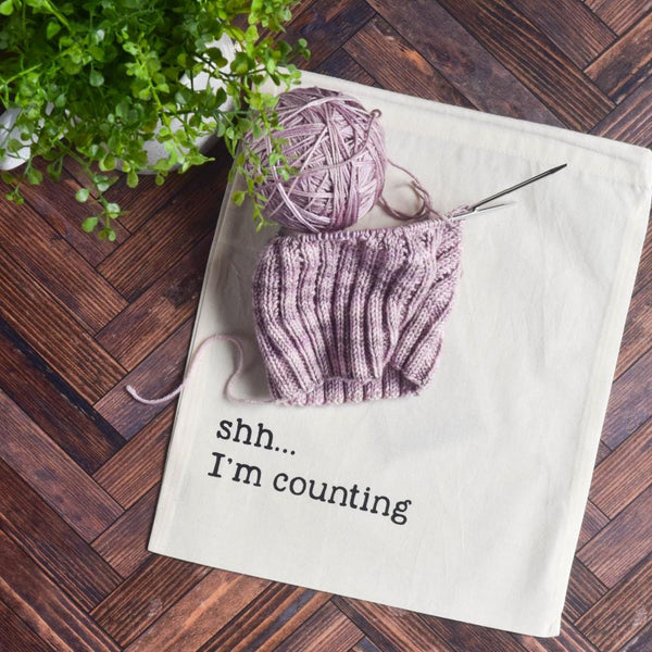 Knitting Project Bag - Shh I'm Counting - 100% Organic Cotton Drawstring Bag