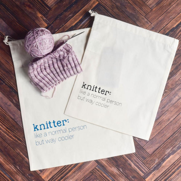 Knitting Project Bag - Knitter Normal Person But Way Cooler - 100% Organic Cotton Drawstring Bag