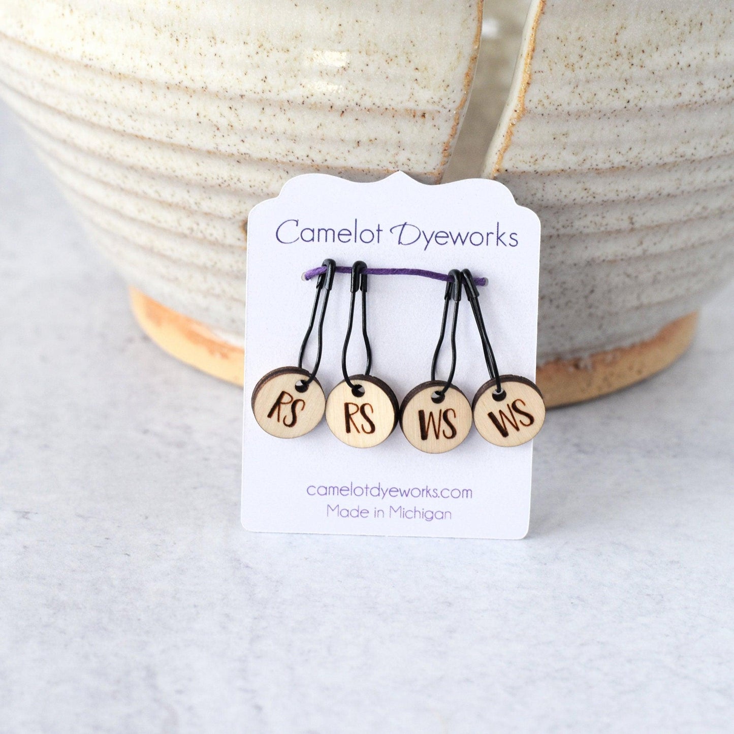 Set of 4 Laser Engraved Removable Stitch Markers - RS and WS - Birch Small