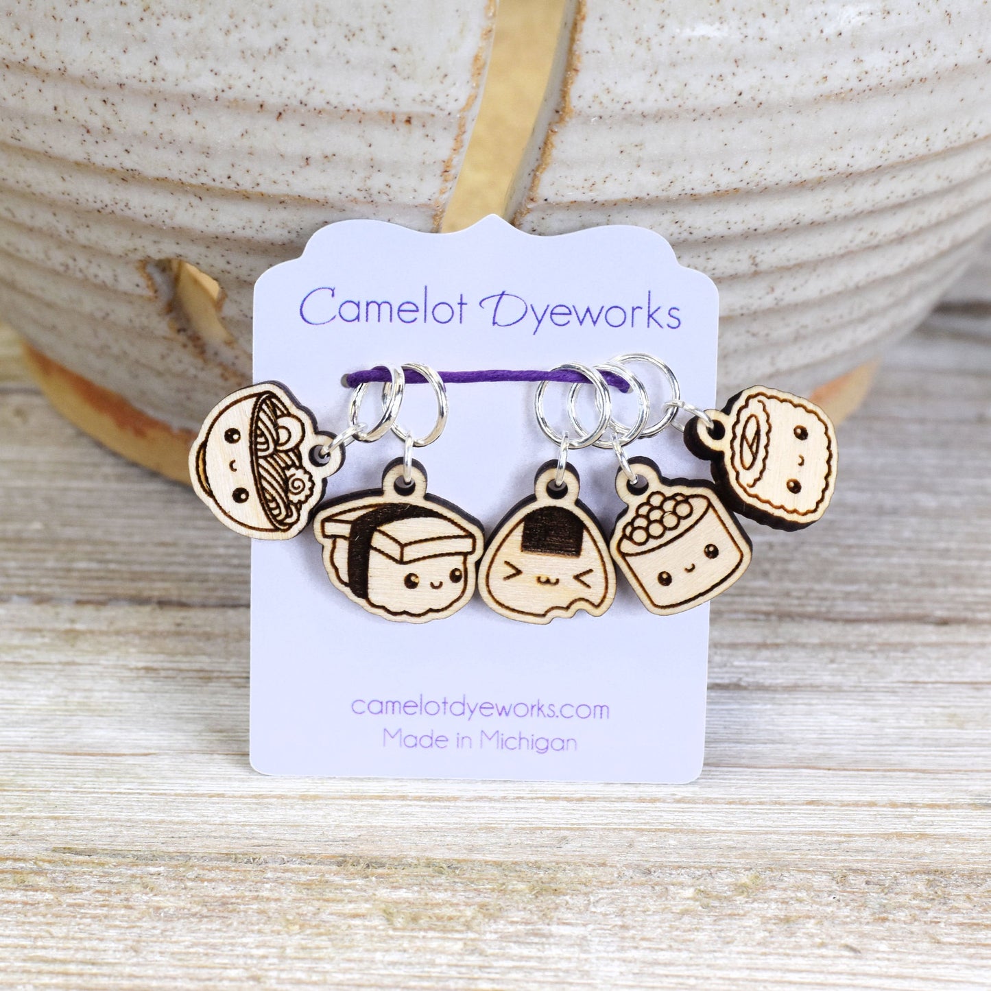 Set of 5 Laser Engraved Stitch Markers - Kawaii Ramen and Sushi