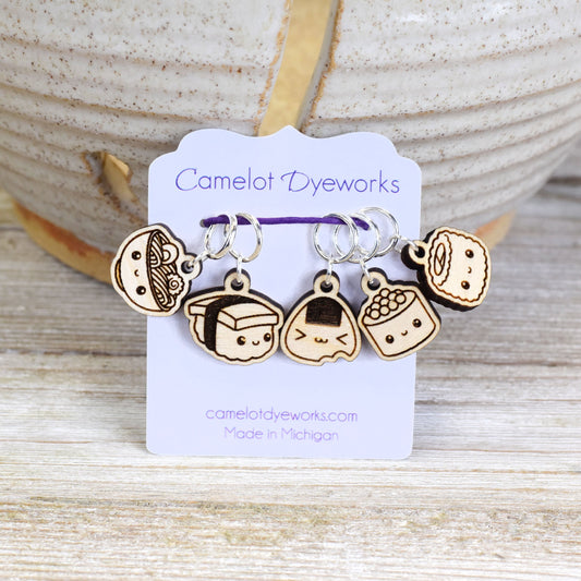 Set of 5 Laser Engraved Stitch Markers - Kawaii Ramen and Sushi
