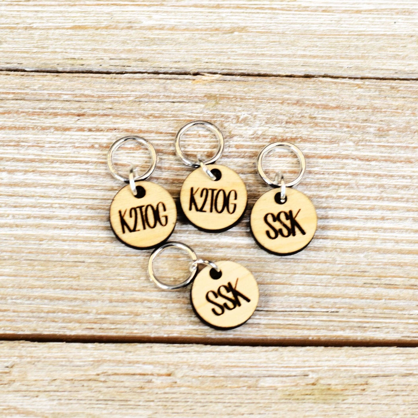 Set of 4 Laser Engraved Stitch Markers - SSK and K2TOG - Birch Small