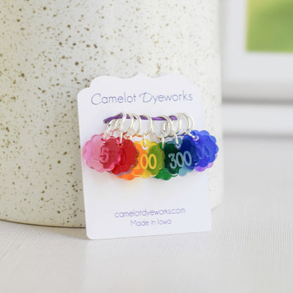 Set of 8 Laser Engraved Acrylic Stitch Markers - Cast On Rainbow