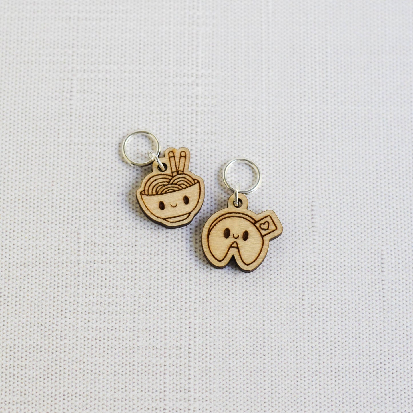 Set of 2 Laser Engraved Stitch Markers - Kawaii Ramen and Fortune Cookie