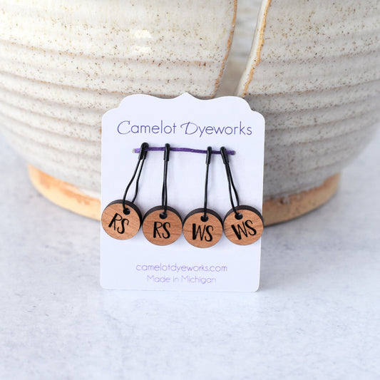 Set of 4 Laser Engraved Removable Stitch Markers - RS and WS - Cherry Small