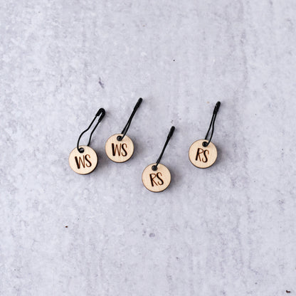 Set of 4 Laser Engraved Removable Stitch Markers - RS and WS - Birch Small
