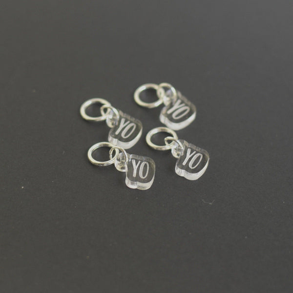 Set of 4 Laser Engraved Stitch Markers - YO - Clear Outline