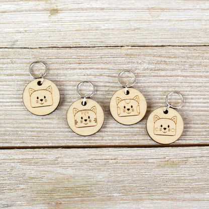 Set of 4 Laser Engraved Stitch Markers - Cat Faces