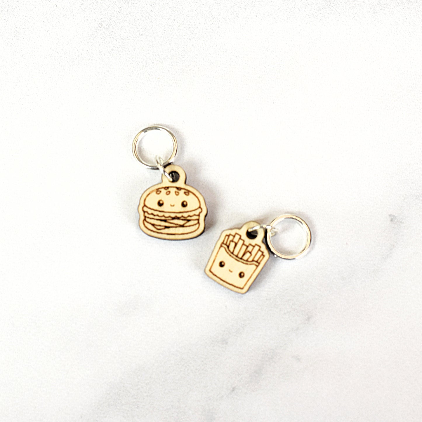 Set of 2 Laser Engraved Stitch Markers - Kawaii Burger and Fries