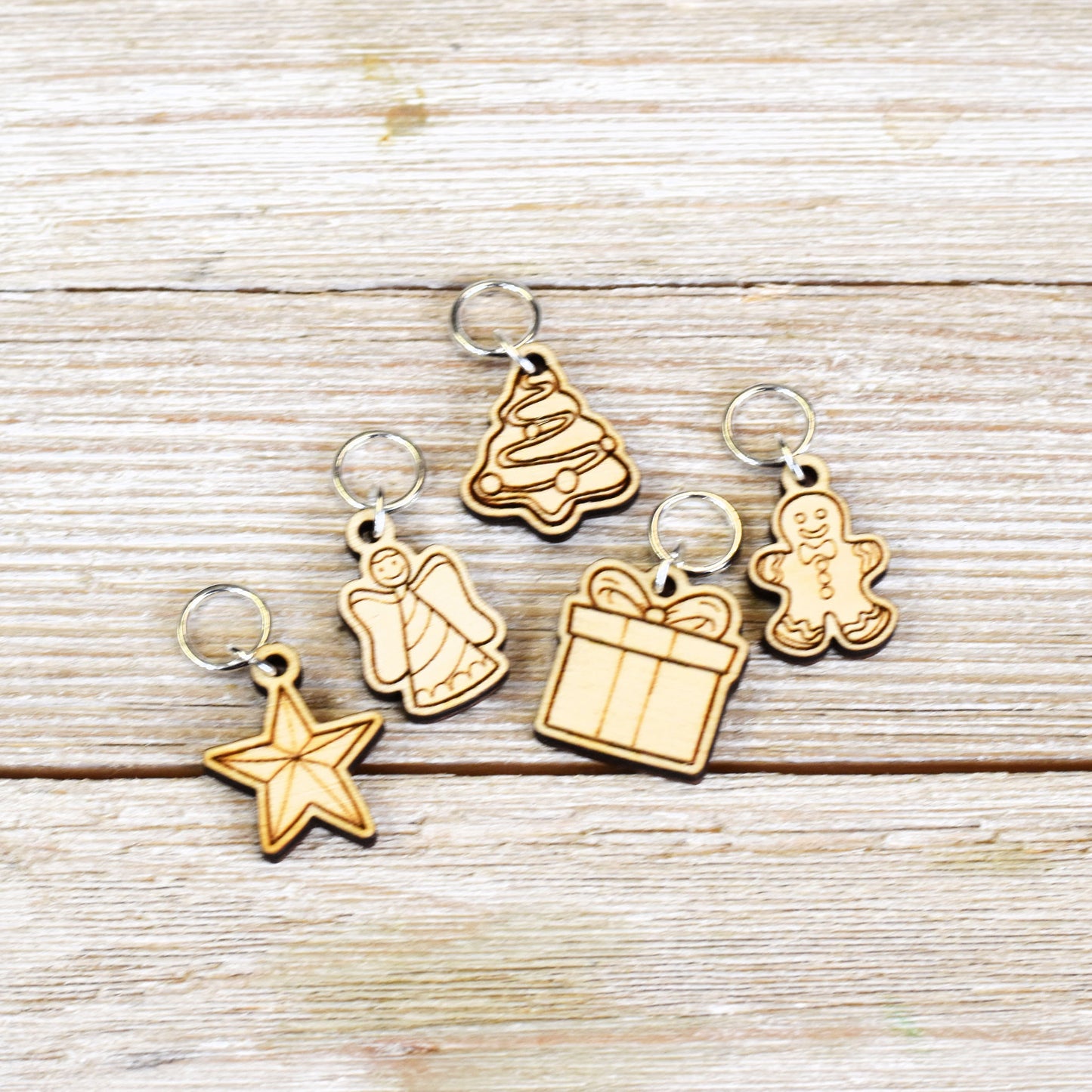 Set of 5 Laser Engraved Stitch Markers - Christmas