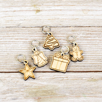 Set of 5 Laser Engraved Stitch Markers - Christmas