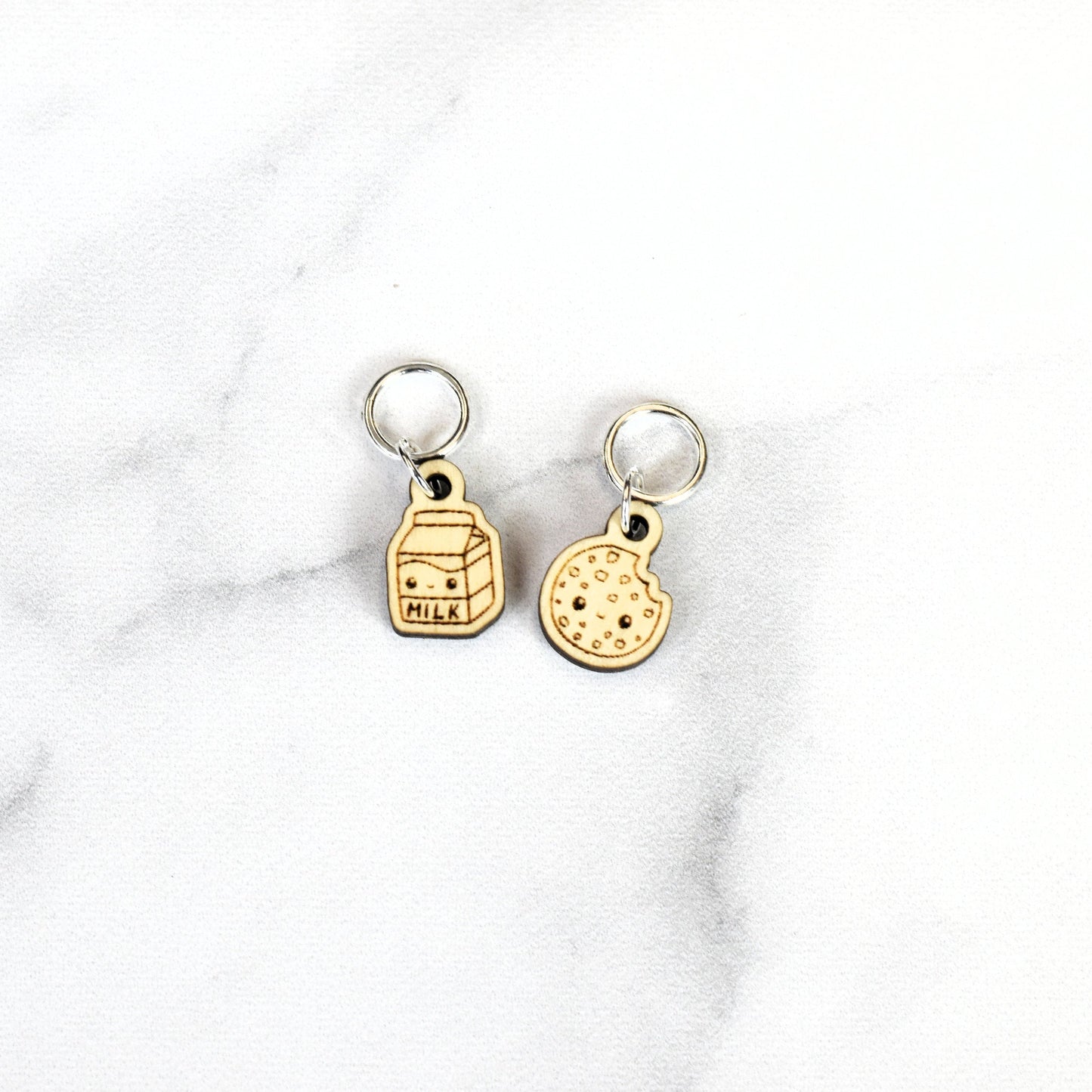 Set of 2 laser Engraved Stitch Markers - Kawaii Milk and Cookie