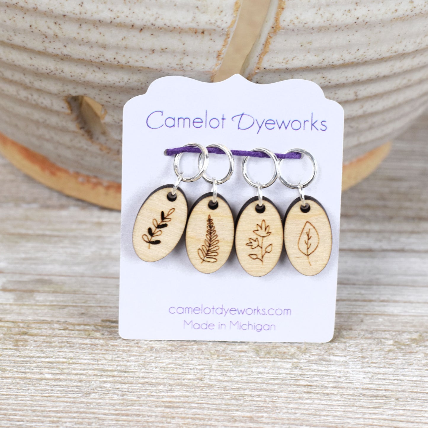 Set of 4 Laser Engraved Stitch Markers - Oval Leaves