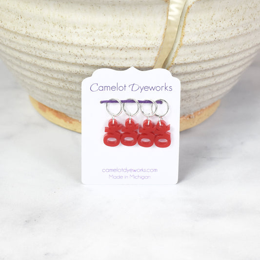 Set of 4 Laser Engraved Stitch Markers - YO - Red