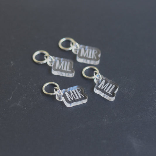Set of 4 Laser Engraved Stitch Markers - M1L and M1R - Clear Outline