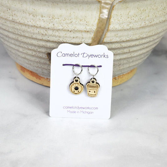 Set of 2 Laser Engraved Stitch Markers - Kawaii Donut and Coffee