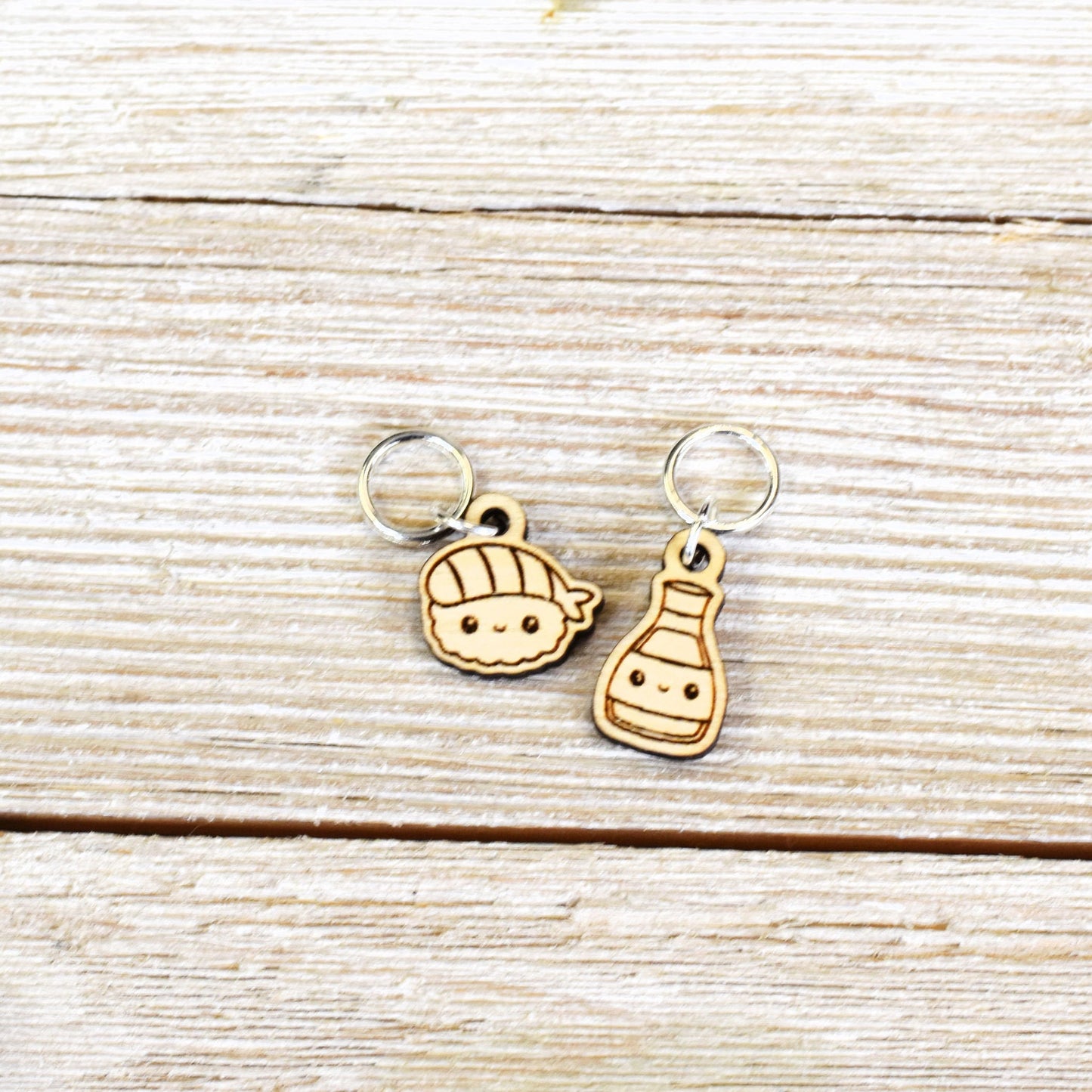 Set of 2 Laser Engraved Stitch Markers - Kawaii Soy Sauce and Sushi