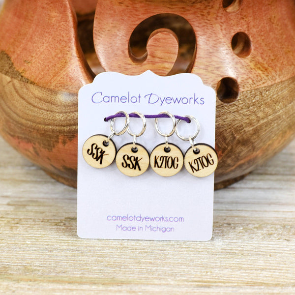 Set of 4 Laser Engraved Stitch Markers - SSK and K2TOG - Birch Small