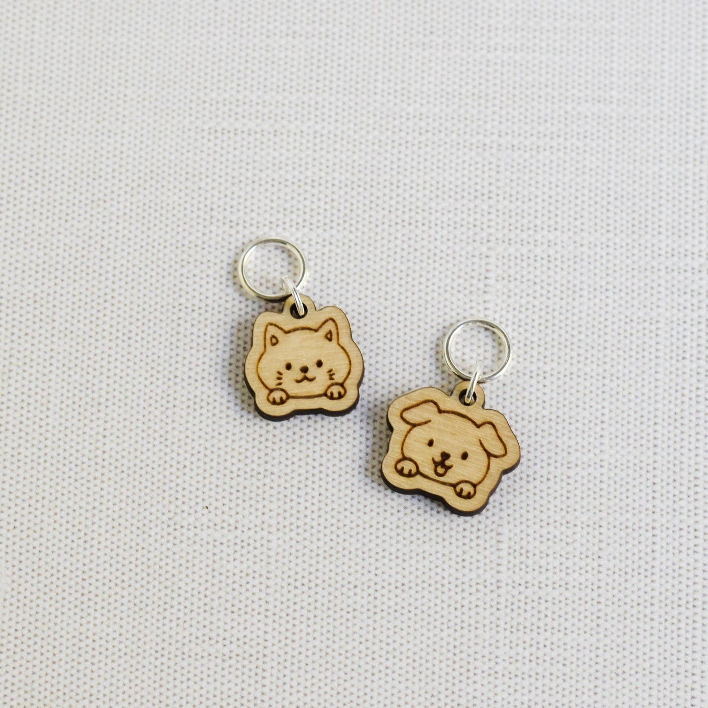 Set of 2 Laser Engraved Stitch Markers - Puppy and Kitten Faces