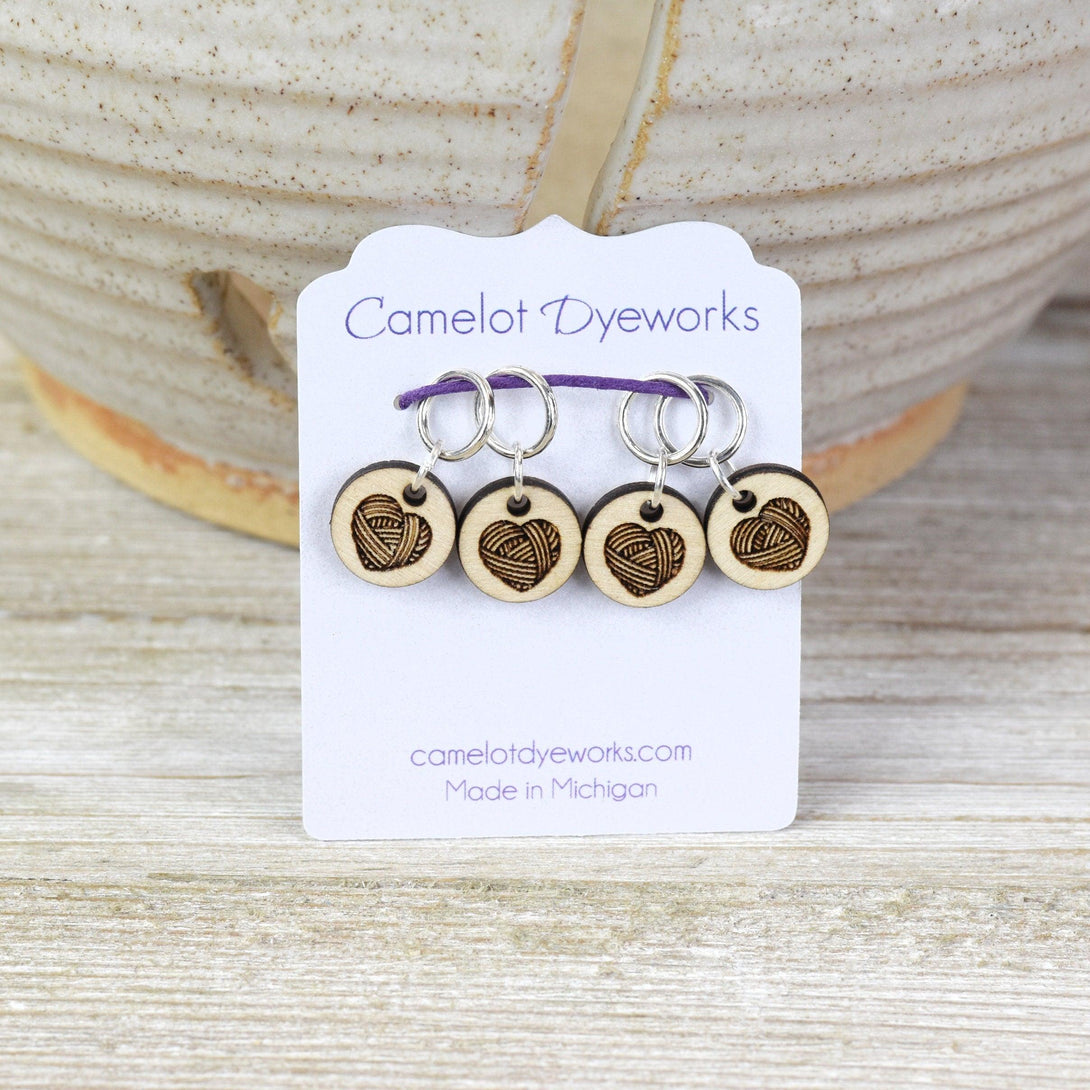 Set of 4 Stitch Markers, Yarn Hearts, Laser Engraved Wood Stitch Markers